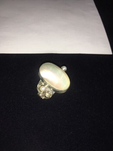 Southwestern Navajo White Mabe Pearl Ring | Sterling Silver | Sz 8 | Authentic Native American Handmade | 01722