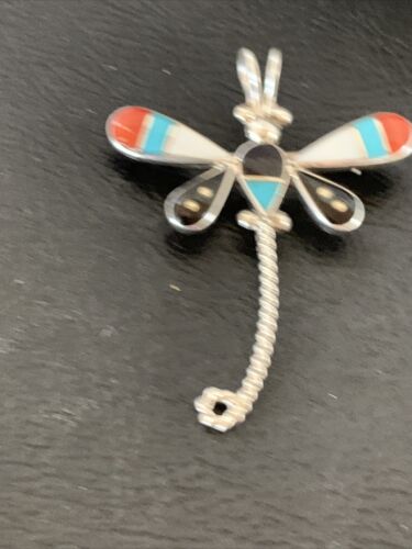 Zuni Turquoise Mother of Pearl Inlay Dragonfly Necklace Pin Pendant | Sterling Silver | 12327