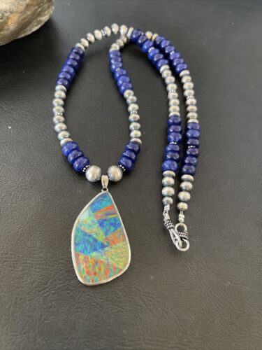 Men's Sterling Silver Necklace | Blue Lapis Bead | Opal Inlay Pendant | 10583