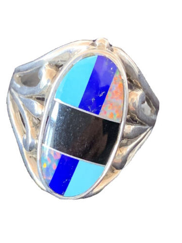 Native Navajo Turquoise, Lapis & Opal Inlay Sterling Silver Ring Size 11.5 1487