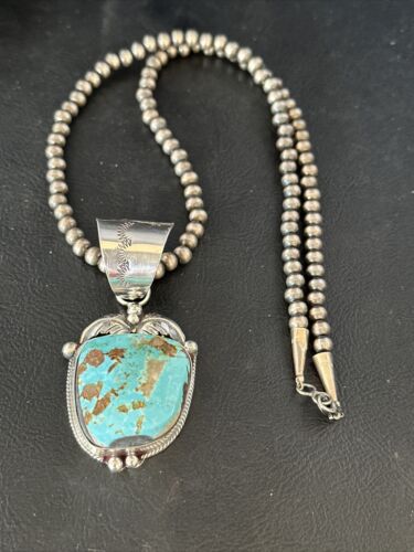Navajo Pearls Royston Turquoise Necklace Pendant | Sterling Silver | Authentic Native American Handmade | 14802