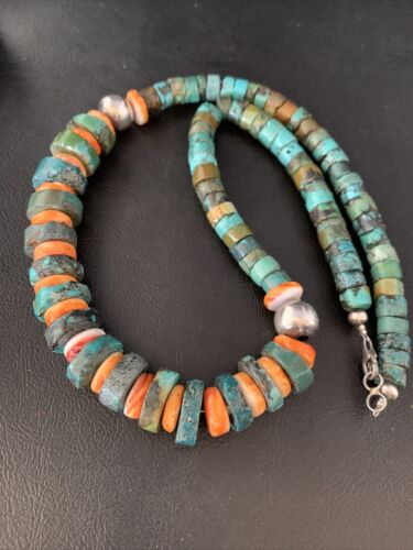 Men's XL Turquoise Heishi & Spiny Oyster Bead Necklace | Sterling Silver | 23" | Authentic Native American | 13977