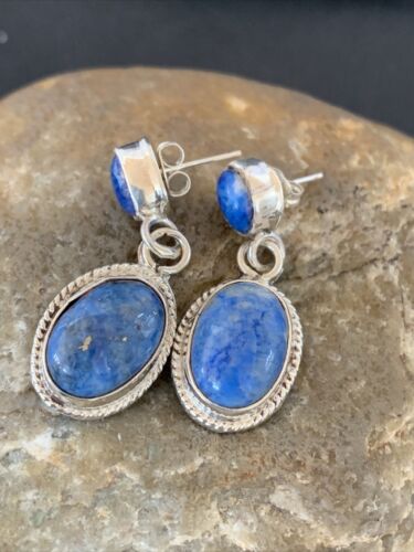 Navajo Denim Lapis Dangle Earrings | Sterling Silver | 1.1" | Authentic Native American Handmade | 1705