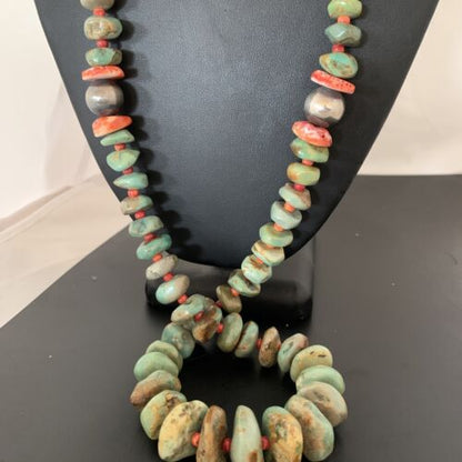 Authentic Native American Navajo Necklace | Sterling Silver | Green Turquoise & Spiny Oyster | 32" | 01669