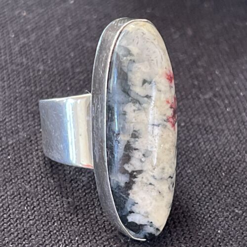 Southwestern Navajo White Black Cinnabrite Ring | Sterling Silver | Sz 7 | Authentic Native American Handmade | 1565