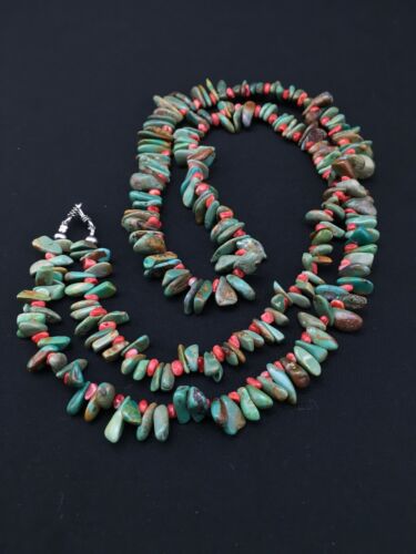 Navajo Green Turquoise & Spiny Oyster Necklace | Sterling Silver | 34" | Authentic Native American Handmade | 4738