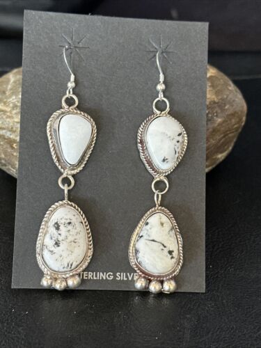 Navajo White Buffalo Turquoise Dangle Earrings | Sterling Silver | 2.5" | Authentic Native American Handmade | 14800
