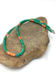 Navajo Green Turquoise & Spiny Oyster Necklace | Sterling Silver | 19" | Authentic Native American Handmade | 4488