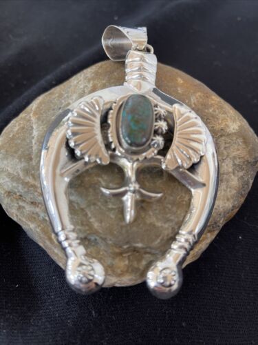 Navajo Pearls Sterling Silver Bisbee Turquoise Naja Pendant Necklace | Authentic Native American Handmade | 01058