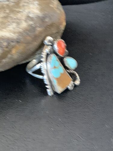 Southwestern Multi-Stone Men's Ring | Authentic Native American Sterling Silver | Turquoise & Spiny Oyster | Sz 11 | 02166