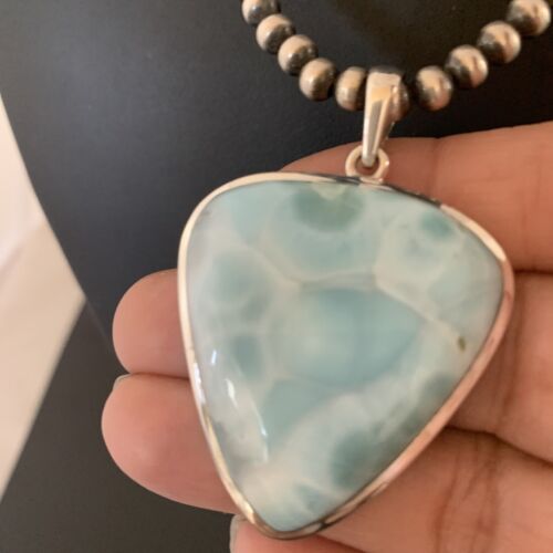 Navajo Blue Larimar Pendant Necklace | Sterling Silver Beads | Authentic Native American Handmade | 1764