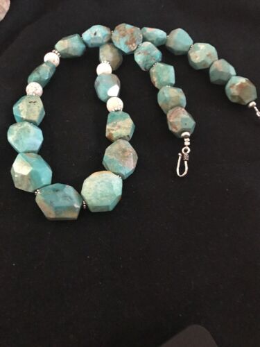 Chunky Turquoise Men's Necklace | Sterling Silver Faceted | Southwestern Navajo | 21" |  8140 - Masha USA