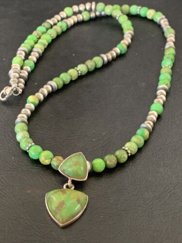Navajo Green Gaspeite Turquoise Pendant | Sterling Silver | Authentic Native American Handmade | 12343