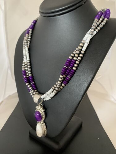 Navajo Sterling Silver Turquoise & Sugilite Beads Necklace Pendant | 23" | Multi-Strand | 01867
