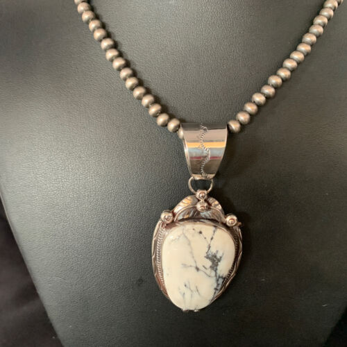 White Buffalo Turquoise Pendant Necklace | Sterling Silver | Navajo | Authentic Native American Handmade | 13992 - Masha USA
