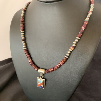 Navajo Multi-Color Inlay Pendant | Sterling Silver Purple Spiny Oyster Necklace 21" | 12359