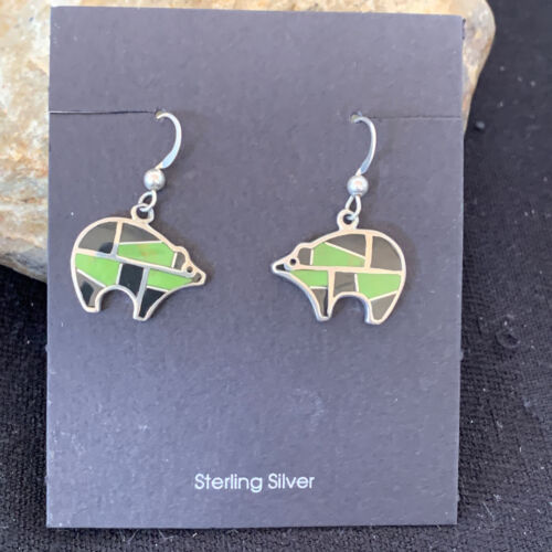 Navajo Green Gaspeite & Onyx Bear Inlay Earrings | Sterling Silver | 0.25" | 1512
