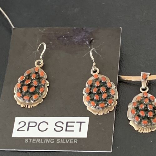 Navajo Sterling Silver Red Coral Cluster Pendant Earrings Set | Authentic Native American Handmade | 02155