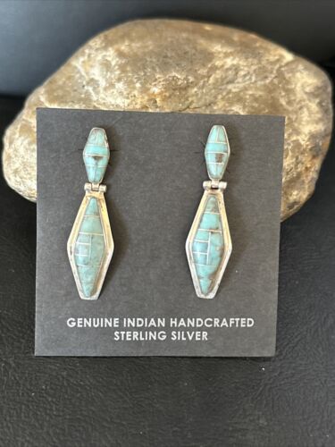 Navajo Blue Turquoise Inlay Earrings | Sterling Silver | 1" | Authentic Native American Handmade | 14775