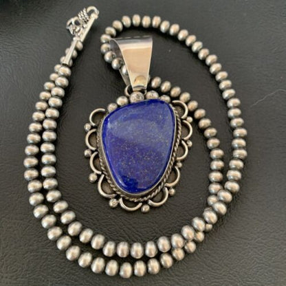 Native American Navajo Blue Lapis Pendant Necklace | Sterling Silver | Authentic Handmade | 11849 - Masha USA