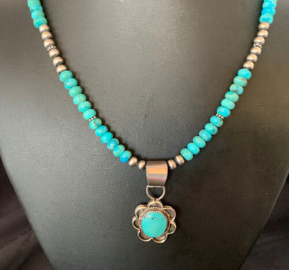 Navajo Blue Turquoise Pendant Necklace | Sterling Silver Pearls | Authentic Native American Handmade | 13218