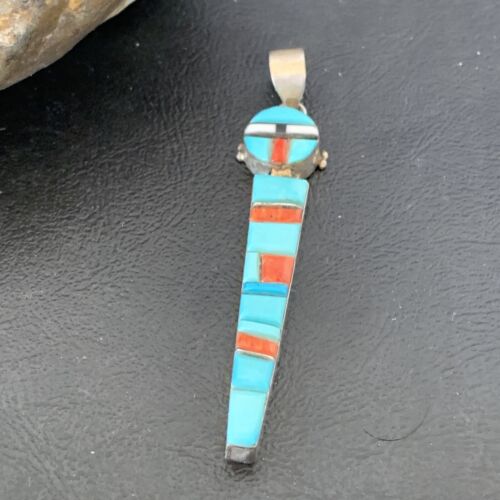 Navajo Blue Turquoise Spiny Inlay Pendant | Sterling Silver | Authentic Native American Handmade | 10881