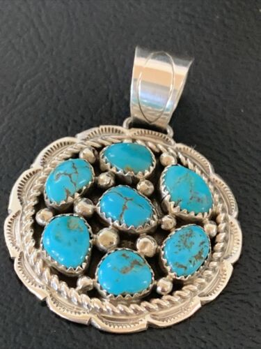 Navajo Kingman Blue Turquoise Cluster Pendant | Authentic Native American Sterling Silver | Multi-Stone | 2" | 2093