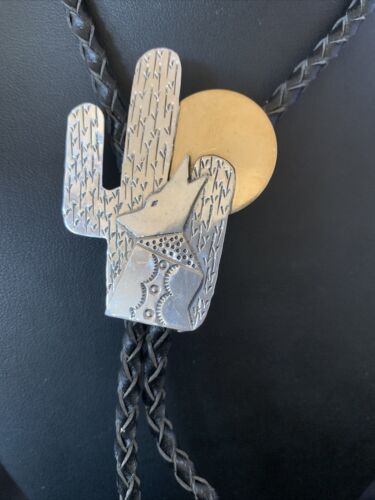Navajo Howling Coyote Moon Bolo Tie | Sterling Silver | Authentic Native American Handmade | 12147