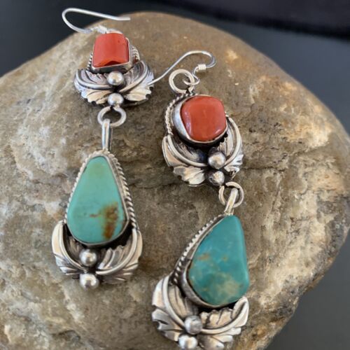Navajo Green Royston Turquoise Red Coral Dangle Earrings | Sterling Silver | Authentic Native American Handmade | 2054