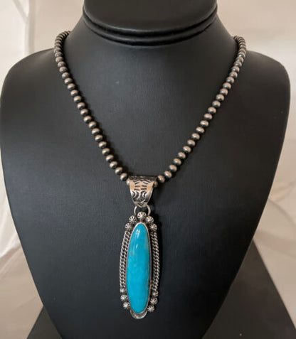 Navajo Men's Kingman Turquoise Pendant Necklace | Sterling Silver | Native American Handmade | 1069