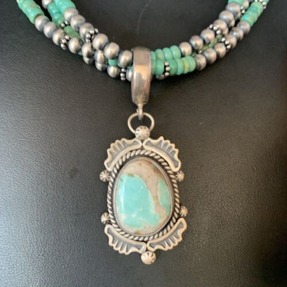 Navajo Royston Turquoise Pendant | Sterling Silver | 3-Strand Spiny Necklace | Authentic Native American Handmade | 01676