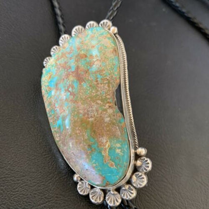 Navajo Royston Turquoise Bolo Tie | Sterling Silver | Authentic Native American Handmade | 12363