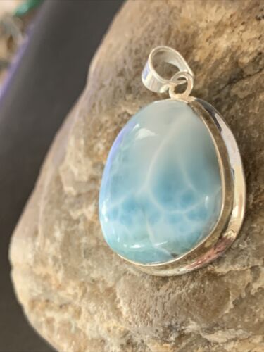 Navajo Sterling Silver Beads Necklace | Blue Larimar Pendant | Authentic Native American Handmade | 10831