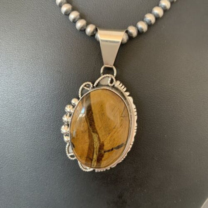 Men's Navajo Pearls Necklace | Sterling Silver | Coffee Tiger's Eye Pendant | Authentic Native American Handmade | 1541