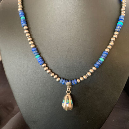 Navajo Men's Pendant | Blue Lapis Turquoise Opal Inlay | Sterling Silver Necklace | 22" | 13359