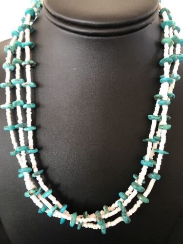 Navajo Sterling Silver 3-Strand Turquoise Necklace with Bone Earrings Set | Authentic Native American Handmade
