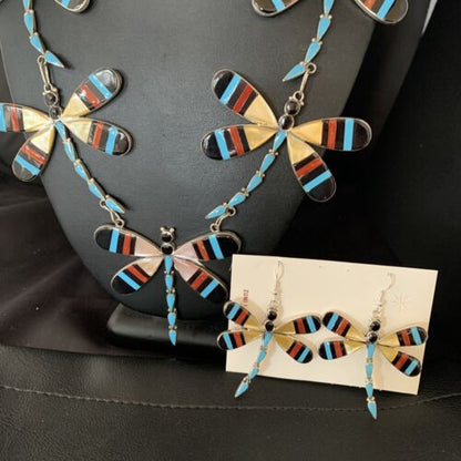 Zuni Dragonfly Necklace Earrings Set | Turquoise Onyx Inlay | Sterling Silver | Authentic Native American Handmade | 14213