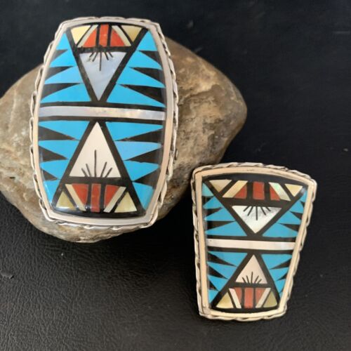 Zuni Bolo Tie Belt Buckle Ranger Set | Turquoise Mother of Pearl Coral | Sterling Silver | Native American Handmade | 14123