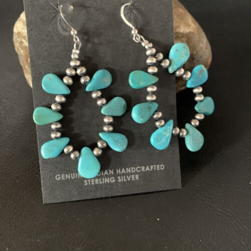 Navajo Blue Cluster Turquoise Bead Earrings | Sterling Silver | Authentic Native American Handmade | 13328