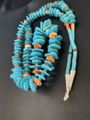 Authentic Native American Santo Domingo Necklace | Sterling Silver & Spiny Turquoise | 36" Graduated | 12067