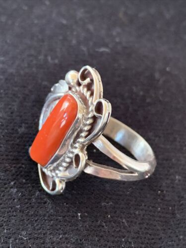 Navajo Red Coral Ring | Sterling Silver | Sz 9 | Authentic Native American Handmade | 01299 - Masha USA