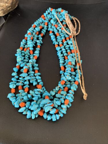 Native American Santo Domingo Spiny Blue Turquoise Shell Jacla Necklace | 5 Strand | 36" | 13194