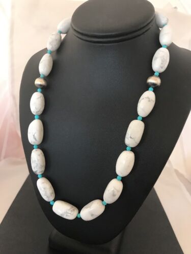 Navajo White Howlite Turquoise Beads Necklace | Sterling Silver | 22" | Authentic Native American Handmade | 10241