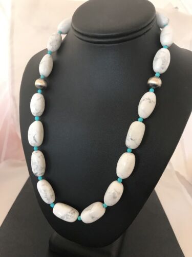 USA Navajo Sterling Silver White Howlite Turquoise Beads Necklace 22” 10241