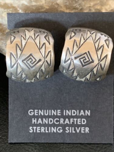 Old Pawn Women's Stamped Design Hoop Stud Earrings | Sterling Silver | 1" | 13006