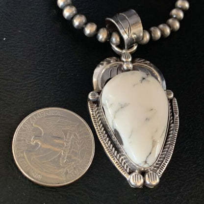 White Buffalo Turquoise Pendant Necklace | Sterling Silver | Navajo | Authentic Native American Handmade | 14049