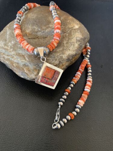 Navajo Pearls Red Spiny Oyster Opal Inlay Pendant Necklace | Sterling Silver | 22" | 12706