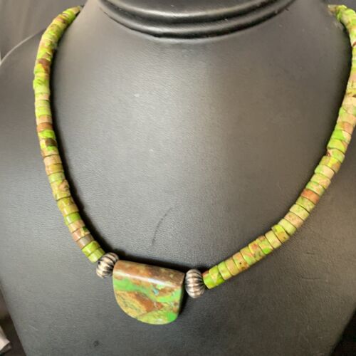 Navajo Green Gaspeite Turquoise Pendant | Sterling Silver | Authentic Native American Handmade | 13913