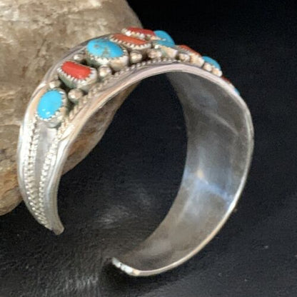 Navajo Kingman Turquoise Coral Cuff Bracelet | Sterling Silver | Authentic Native American Handmade | 14221
