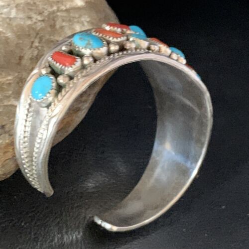 Navajo Kingman Turquoise Coral Cuff Bracelet | Sterling Silver | Authentic Native American Handmade | 14219